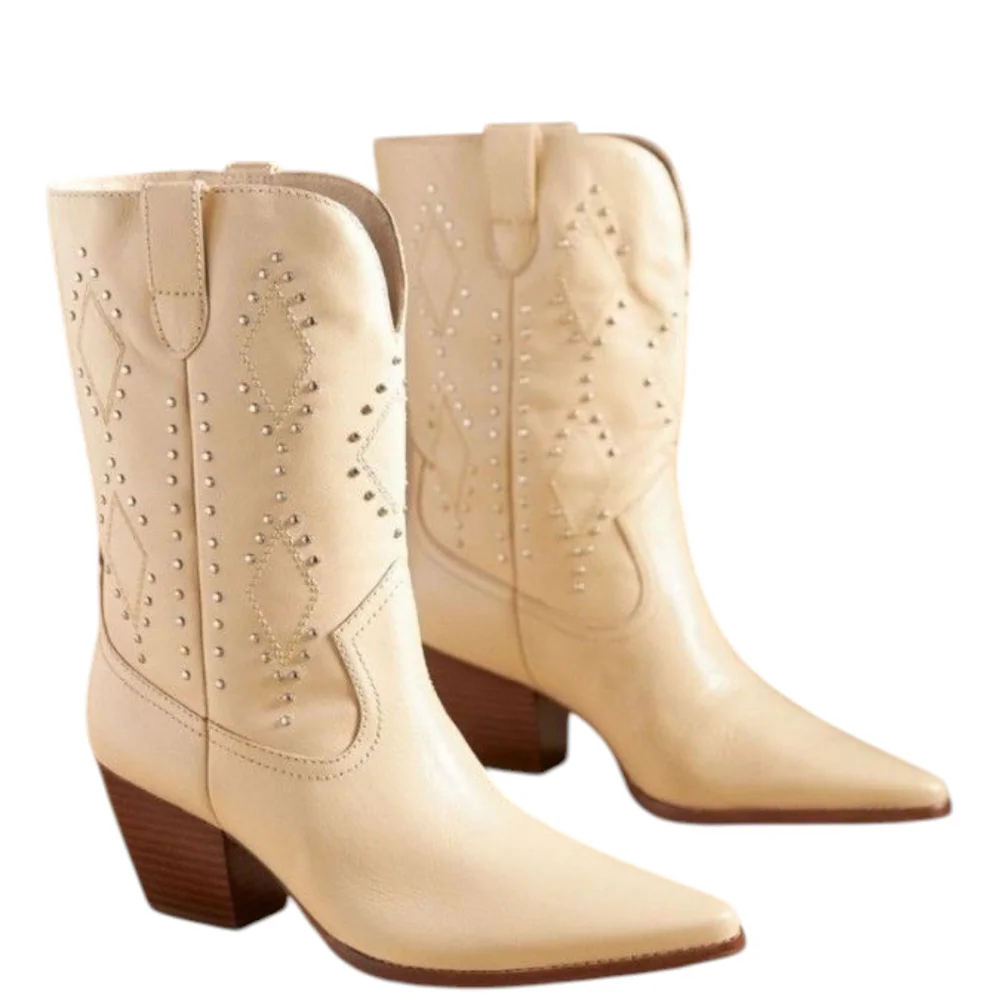 🔥SALE🔥NIB Free People Matisse El Paso Studded Ivory Heeled Mid Western Boots 8 - Picture 9 of 9